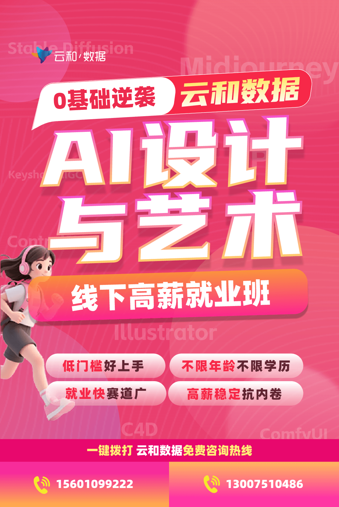 云和数据 0基础逆袭 云和数据 AI设计与艺术  线下高薪就业班 低门槛好上手 不限年龄不限学历 就业快赛道广 高薪稳定抗内卷 云和数据免费咨询热线 15601099222 13007510486； Stable Diffusion、Midjourney、Keyshot、Illustrator C4D、ComfyUI