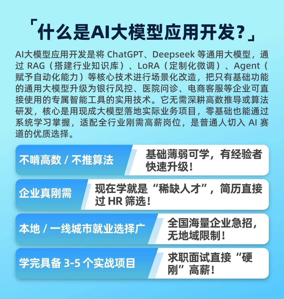 什么是AI大模型应用开发？ AI大模型应用开发是将 ChatGPT、Deepseek 等通用大模型，通过 RAG（搭建行业知识库）、LoRA（定制化微调）、Agent（赋予自动化能力）等核心技术进行场景化改造，把只有基础功能的通用大模型升级为银行风控、医院问诊、电商客服等企业可直接使用的专属智能工具的实用技术。它无需深耕高数推导或算法研发，核心是用现成大模型落地实际业务项目，零基础也能通过系统学习掌握，适配全行业刚需高薪岗位，是普通人切入 AI 赛道的优质选择。 不啃高数 / 不推算法 → 基础薄弱可学，有经验者快速升级！ 企业真刚需 → 现在学就是“稀缺人才”，简历直接过 HR 筛选！ 本地 / 一线城市就业选择广 → 全国海量企业急招，无地域限制！  学完具备 3-5 个实战项目 → 求职面试直接“硬刚”高薪！