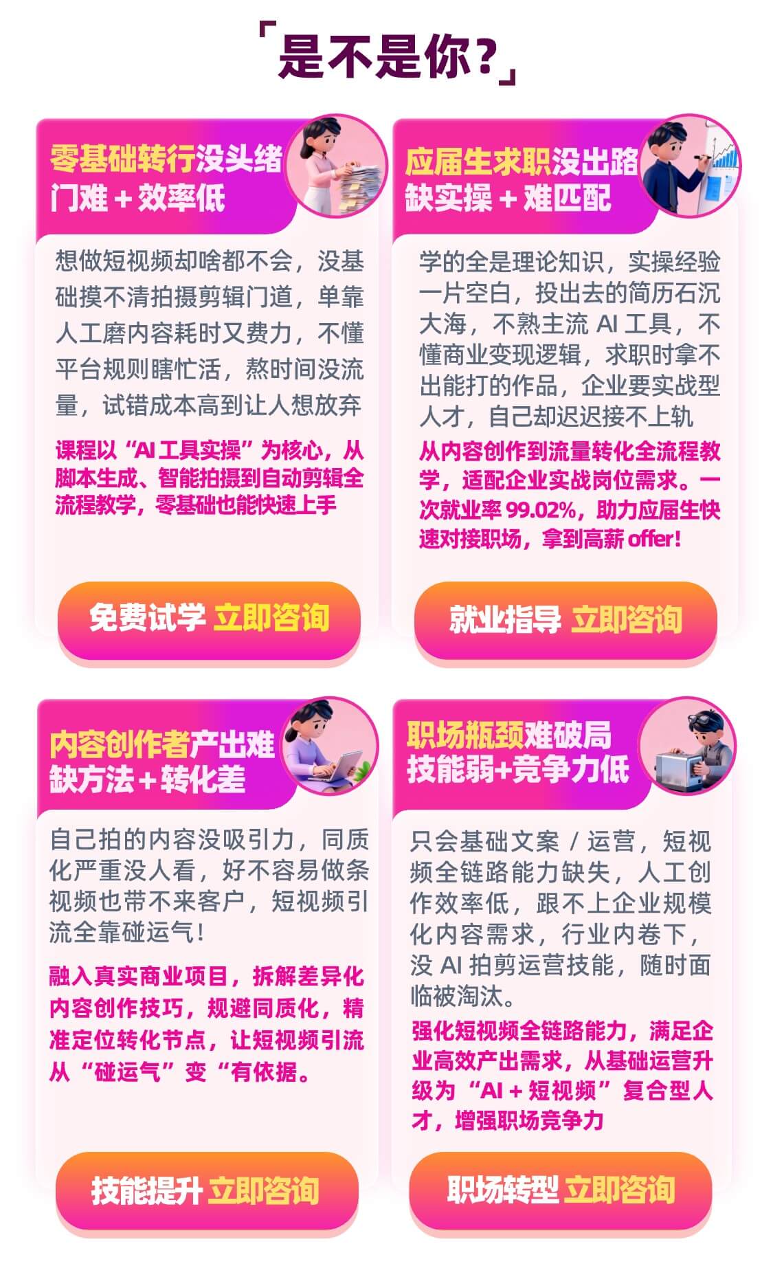  零基础转行没头绪 — 门难 + 效率低 想做短视频却啥都不会，没基础摸不清拍摄剪辑门道，单靠人工磨内容耗时又费力，不懂平台规则瞎忙活，熬时间没流量，试错成本高到让人想放弃。 课程以“AI工具实操”为核心，从脚本生成、智能拍摄到自动剪辑全流程教学，零基础也能快速上手。 免费试学 立即咨询 应届生求职没出路 — 缺实操 + 难匹配 学的全是理论知识，实操经验一片空白，投出去的简历石沉大海，不熟主流 AI 工具，不懂商业变现逻辑，求职时拿不出能打的作品，企业要实战型人才，自己却迟迟接不上轨。 从内容创作到流量转化全流程教学，适配企业实战岗位需求。一次就业率99.02%，助力应届生快速对接职场，拿到高薪 offer！  就业指导 立即咨询  内容创作者产出难 — 缺方法 + 转化差 自己拍的内容没吸引力，同质化严重没人看，好不容易做条视频也带不来客户，短视频引流全靠碰运气！ 融入真实商业项目，拆解差异化内容创作技巧，规避同质化，精准定位转化节点，让短视频引流从“碰运气”变“有依据”。 技能提升 立即咨询 职场瓶颈难破局 — 技能弱 + 竞争力低 只会基础文案 / 运营，短视频全链路能力缺失，人工创作效率低，跟不上企业规模化内容需求，行业内卷下，没 AI 拍剪运营技能，随时面临被淘汰。 强化短视频全链路能力，满足企业高效产出需求，从基础运营升级为“AI + 短视频”复合型人才，增强职场竞争力。 职场转型 立即咨询