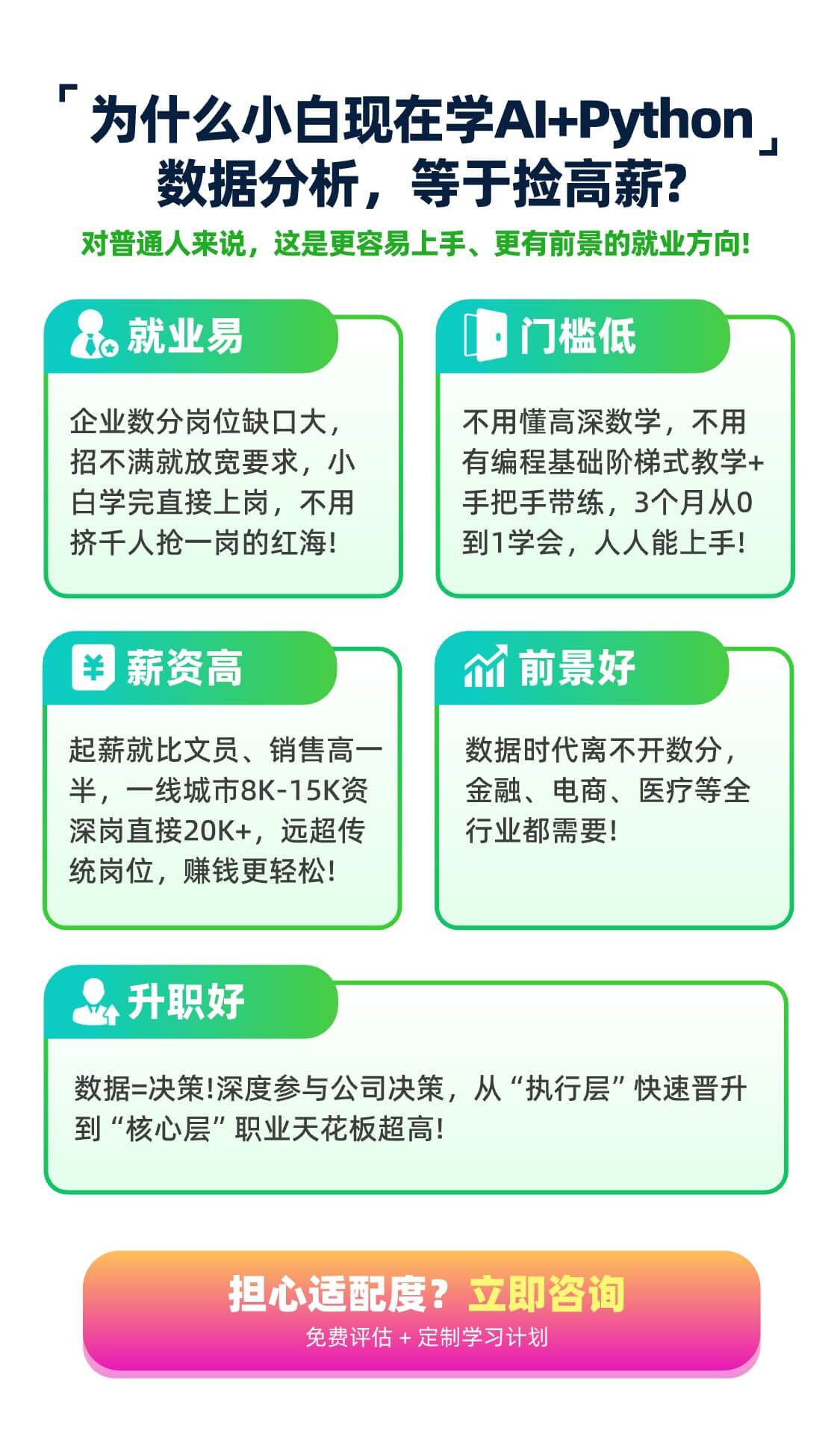 为什么小白现在学AI+Python数据分析，等于捡高薪？ 对普通人来说，这是更容易上手、更有前景的就业方向！ 就业易 企业数分岗位缺口大，招不满就放宽要求，小白学完直接上岗，不用挤千人抢一岗的红海！  门槛低 不用懂高深数学，不用有编程基础 —— 阶梯式教学 + 手把手带练，3个月从0到1学会，人人能上手！  薪资高 起薪就比文员、销售高一半，一线城市8K-15K；资深岗直接20K+，远超传统岗位，赚钱更轻松！ 前景好 数据时代离不开数分，金融、电商、医疗等全行业都需要！ 升职好 数据=决策！深度参与公司决策，从“执行层”快速晋升到“核心层”，职业天花板超高！ 担心适配度？立即咨询 免费评估 + 定制学习计划